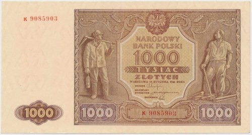 1.000 złotych 1946 - K (Mił.122a) Piękny. Reference: Miłczak 122a
Grade: XF 
...