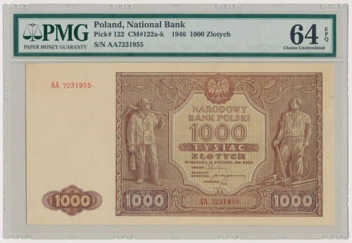 1.000 złotych 1946 - AA (Mił.122h) Reference: Miłczak 122h
Grade: PMG 64 EPQ 
...