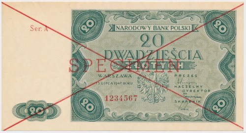 20 złotych 1947 - SPECIMEN - Ser.A 1234567 Lekki odcisk spinacza. Reference: Mił...