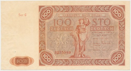 100 złotych 1947 - mała litera Złamany pionowo.&nbsp; Reference: Miłczak 131b
G...