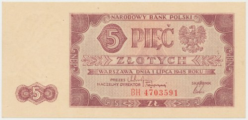 5 złotych 1948 - BH Reference: Miłczak 135c
Grade: UNC/AU 

More photos and f...