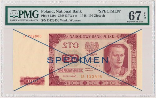 100 złotych 1948 - SPECIMEN - D Reference: Miłczak 139Wa
Grade: PMG 67 EPQ MAX ...