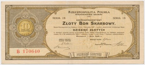 6% Złoty Bon Skarbowy, Serja I B - 10 zł 1923 Reference: Mazur E.11.3, Lucow 725...