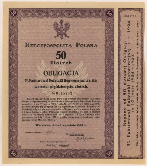 5% Poż. Konwersyjna 1924, Obligacja na 50 zł - z talonem Reference: Mazur E.18.5...