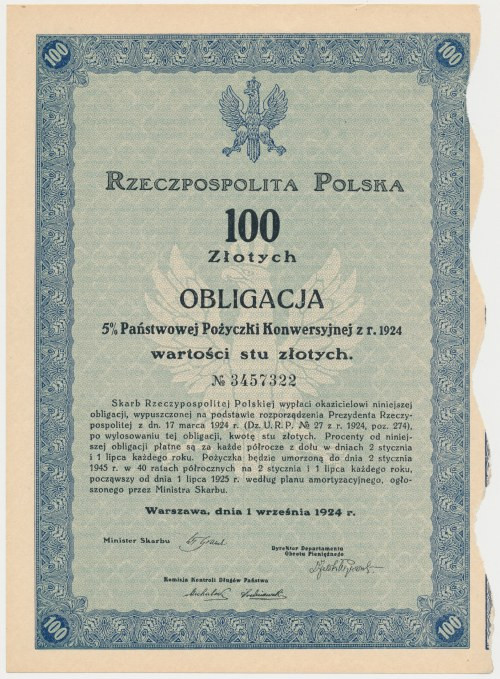 5% Poż. Konwersyjna 1924, Obligacja na 100 zł Reference: Mazur E.18.6, Bykowski ...