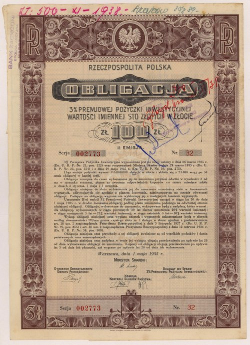 3% Premiowa Poż. Inwestycyjna 1935, Em.II, Obligacja na 100 zł - wygrana premia ...