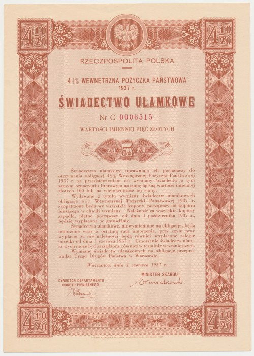 4.5% Poż. Wewnętrzna 1937, Świadectwo ułamkowe 5 zł - seria C Reference: Mazur E...