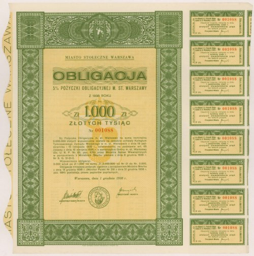Warszawa, Pożyczka Obligacyjna, Obligacja na 1.000 zł 1938 

More photos and f...