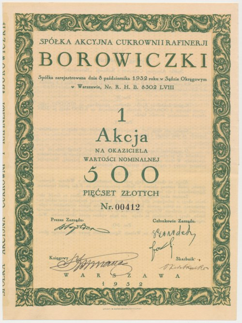 BOROWICZKI Tow. Akc. Cukrowni i Rafinerii, 500 zł 1932 Reference: Koziorowski 17...