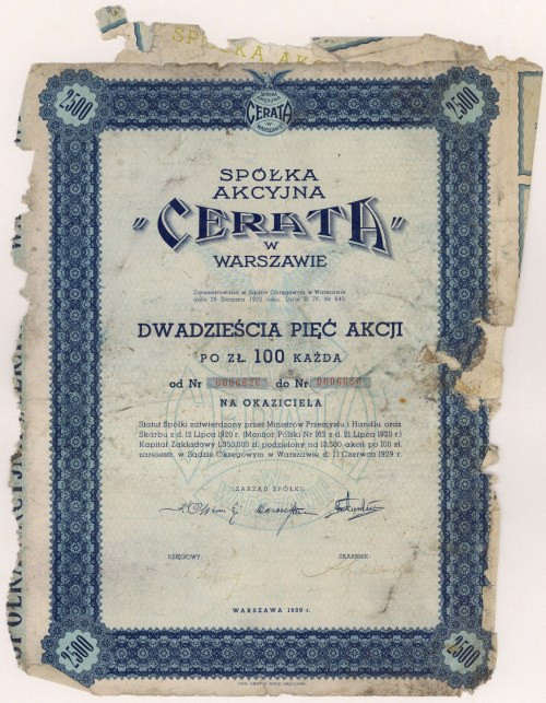 CERATA Spółka Akcyjna, 25x 100 zł 1939 Reference: Koziorowski 240-8, Niegrzybows...