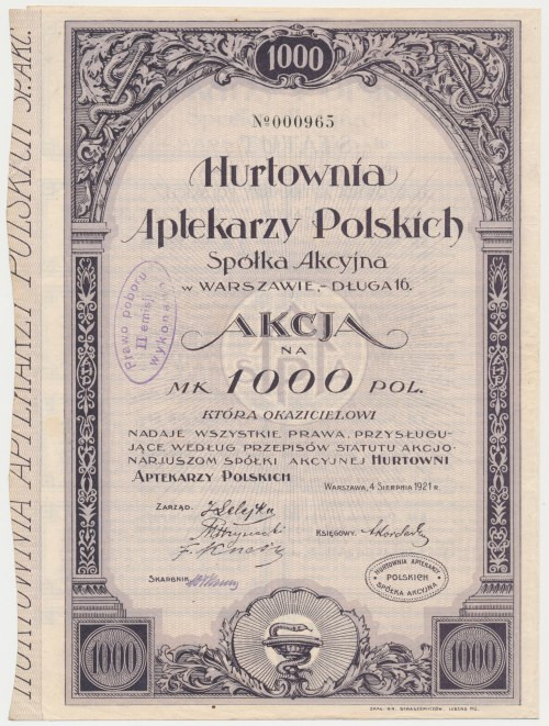 Hurtownia Aptekarzy Polskich, 1.000 mkp 1921 Niski numer 000965. 
Reference: Ko...