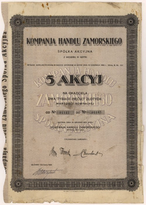 Kompanja Handlu Zamorskiego, 5x 500 zł 1933 Najwyższy nominał emisji. 
Referenc...