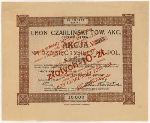 LEON CZARLIŃSKI Tow. Akc., 10.000 mkp / 10 zł 1923 Reference: Koziorowski 937-1,...
