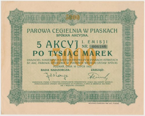 Parowa Cegielnia w Piaskach, Em.1, 5x 1.000 mkp 1923 Reference: Koziorowski 1110...