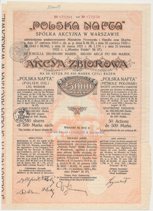 POLSKA NAFTA Spółka Akcyjna w Warszawie, 50x 500 mk Reference: Koziorowski 1190-...