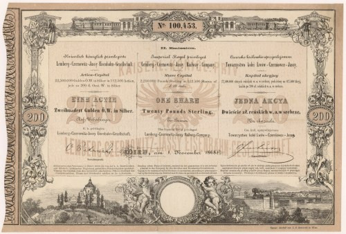 Tow. Kolei Lwów-Czerniowice-Jassy, Em.2, 200 zł reńskich 1868 Reference: Niegrzy...