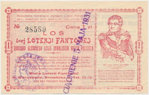 1-sza Loterja Fantowa Zarządu Głównego Legji Inwalidów Wojsk Polskich, 1 zł 1930...