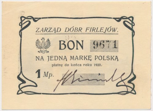 Firlejów, 1 marka 1920 Złamanie lewego, górnego rogu.&nbsp; Reference: Podczaski...