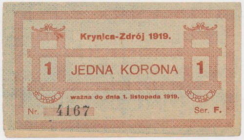 Krynica-Zdrój, 1 korona 1919 Reference: Podczaski G-193.1.g
Grade: F+ 

More ...