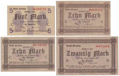 Breslau (Wrocław), 5 - 20 mk 1918 (4szt) Rzadsze pozycje.

Grade: VF/VF+ 

M...