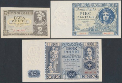 Zestaw ładnych banknotów z lat 1930-1936 (3szt) 2 zł 1936 - st.1/1-; 5 zł 1930 -...