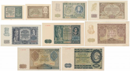 Zestaw banknotów okupacyjnych 1940-1941 (9szt) 500 zł 1940 - st.4+; 100 zł 1940 ...