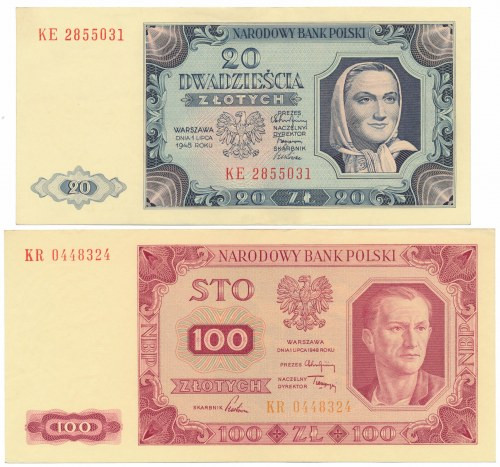 20 i 100 złotych 1948 - zestaw (2szt) Obydwa banknoty z nagniotkami na górnym ma...