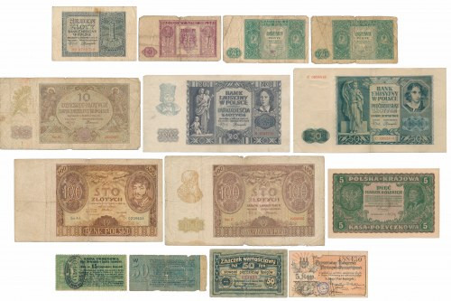 Zestaw banknotów polskich z lat 1919-1946, notgeldy MIX (14szt) 
Grade: VG-XF ...