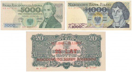 20 zł 1944 z nadrukiem, 1.000 zł 1975 + DESTRUKT ? 5.000 zł 1988 (3szt) W zestaw...