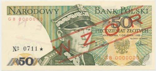 50 zł 1988 - WZÓR - GB 0000000 - No.0711 Reference: Miłczak 170Wa
Grade: UNC 
...