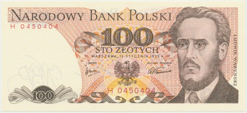 100 złotych 1975 - H Reference: Miłczak 143a
Grade: UNC 

More photos and ful...