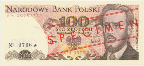 100 zł 1976 - WZÓR - AM 0925277 - No.0706 Reference: Miłczak 146Wb
Grade: UNC ...