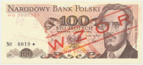 100 zł 1982 - WZÓR - HG 0000000 - No.0019