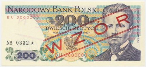 200 zł 1982 - WZÓR - BU 0000000 - No.0332 Reference: Miłczak 160Wa
Grade: UNC ...