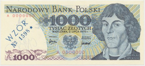 1.000 zł 1975 - WZÓR - A 0000000 - No.1598 Mała nagniotka na górnym marginesie.&...