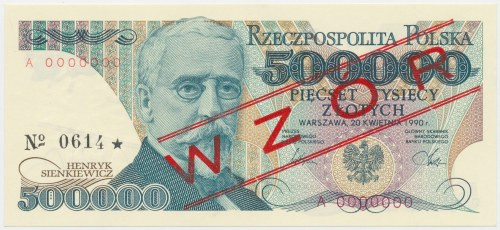 500.000 zł 1990 - WZÓR - A 0000000 - No.0614 Reference: Miłczak 188Wa
Grade: UN...