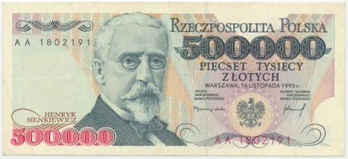 500.000 złotych 1993 - AA Oczyszczony. Reference: Miłczak 193b
Grade: VF 

Mo...
