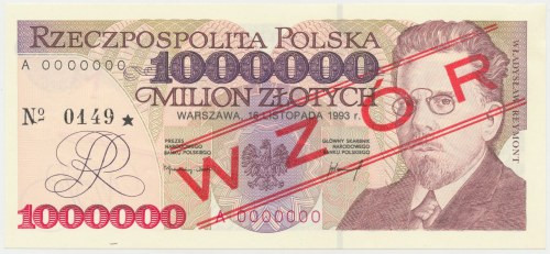 1 mln zł 1993 - WZÓR - A 0000000 - No.0149 Reference: Miłczak 194Wa
Grade: UNC ...