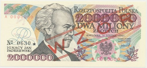 2 mln zł 1992 - WZÓR - A 0000000 - No.630 Reference: Miłczak 190Wa
Grade: UNC ...