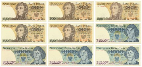 500 i 1.000 złotych 1982 - MIX serii - zestaw (9szt) 500 zł 1982 FS st.1/1-, poz...