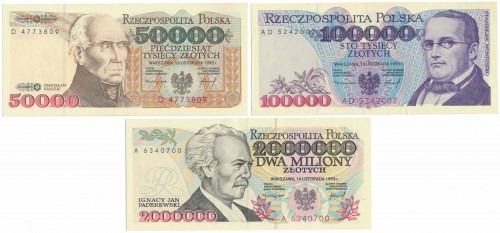 Zestaw 50.000, 100.000 i 2 mln zł 1993 (3szt) Ładne, naturalne.&nbsp; 50.000 zł ...