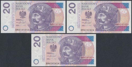 20 zł 2016 BM - 4141414, 4242424 i 4545454 - ciekawe numery radarowe (3szt) 4545...