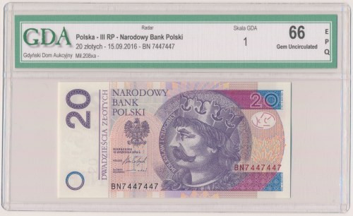 20 zł 2016 BN - 7447447 - radarowy 
Grade: GDA 66 EPQ 

More photos and full ...