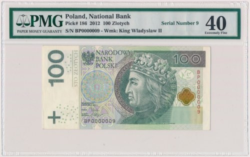 100 zł 2012 BP - 0000009 - niski numer jednocyfrowy 
Grade: PMG 40 

More pho...