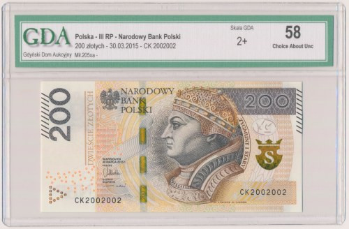 200 zł 2015 CK - 2002002 - radarowy 
Grade: GDA 58 

More photos and full ite...