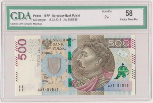 500 zł 2016 AA - 5151515 - radarowy 
Grade: GDA 58 

More photos and full ite...