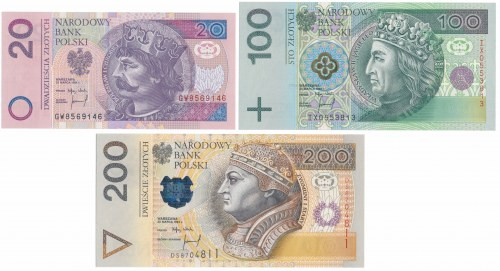 Zestaw 20, 100 i 200 zł 1994 - różne serie (3szt) 
Grade: UNC 

More photos a...