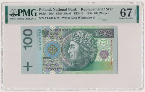 100 złotych 1994 - YC - seria zastępcza Reference: Miłczak 199d
Grade: PMG 67 E...