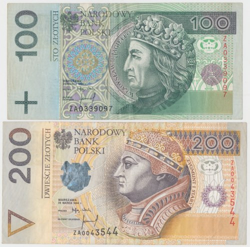 100 i 200 złotych 1994 - ZA - serie zastępcze (2szt) Reference: Miłczak 199c, 20...