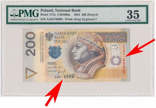 200 złotych 1994 - AA - ubytek farby na numeratorze Reference: Miłczak 200a
Gra...
